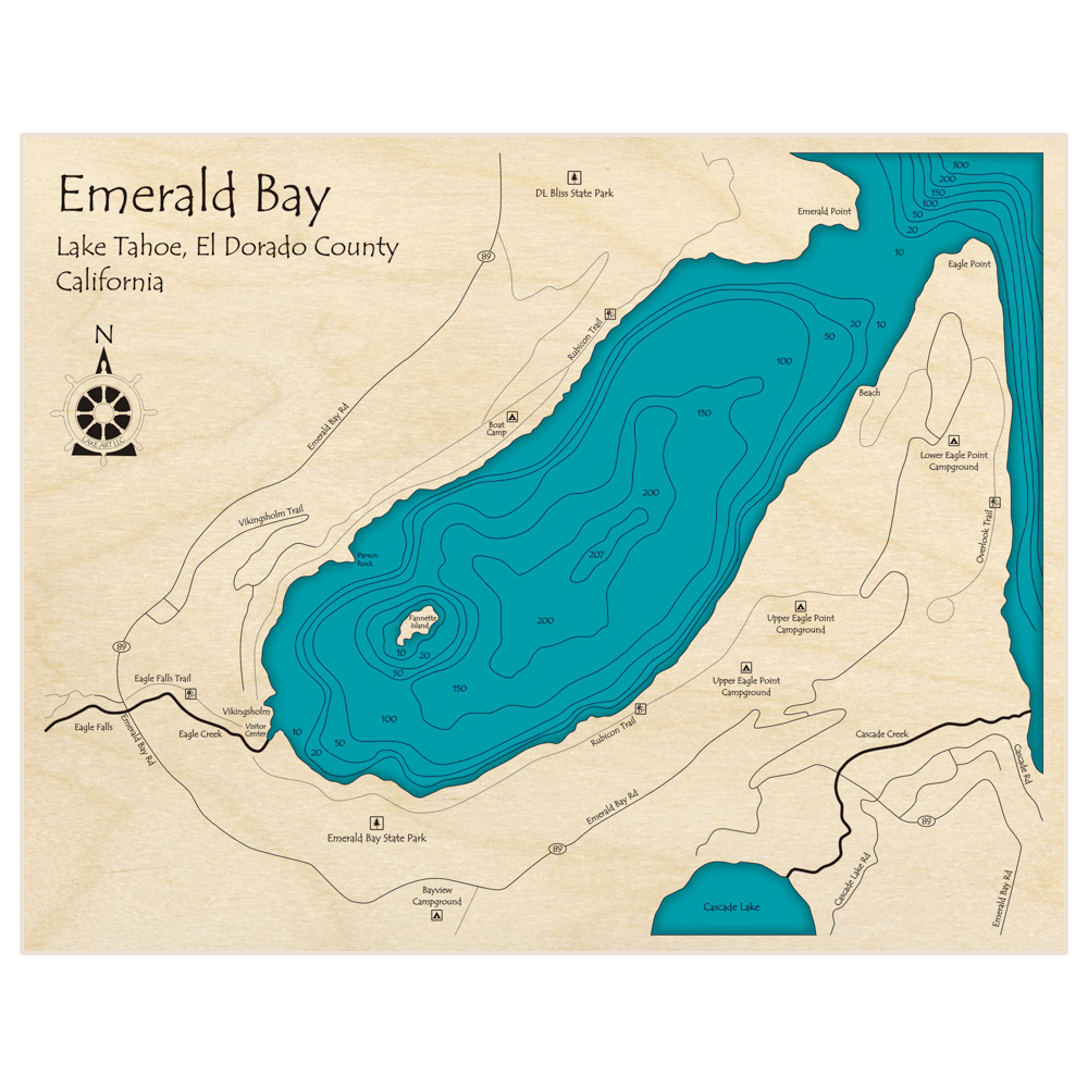 Bathymetric topo map of Emerald Bay (of Lake Tahoe) with roads, towns and depths noted in blue water