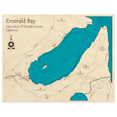 Bathymetric topo map of Emerald Bay (of Lake Tahoe) with roads, towns and depths noted in blue water