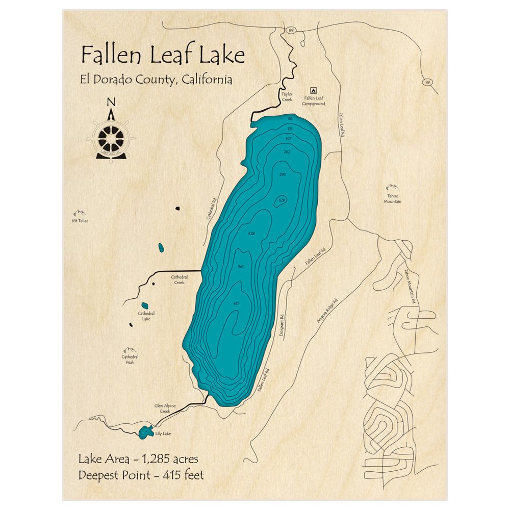 Bathymetric topo map of Fallen Leaf Lake with roads, towns and depths noted in blue water