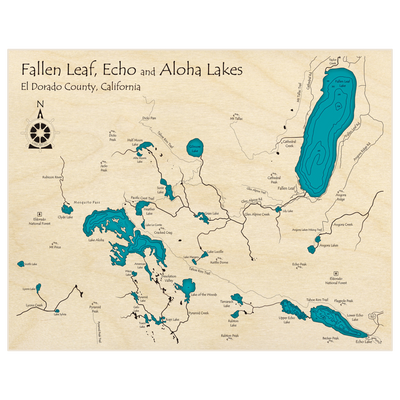 Bathymetric topo map of Fallen Leaf, Echo and Aloha Lakes with roads, towns and depths noted in blue water