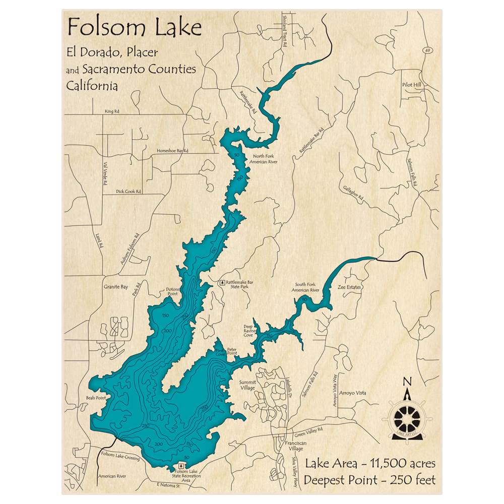 Bathymetric topo map of Folsom Lake with roads, towns and depths noted in blue water
