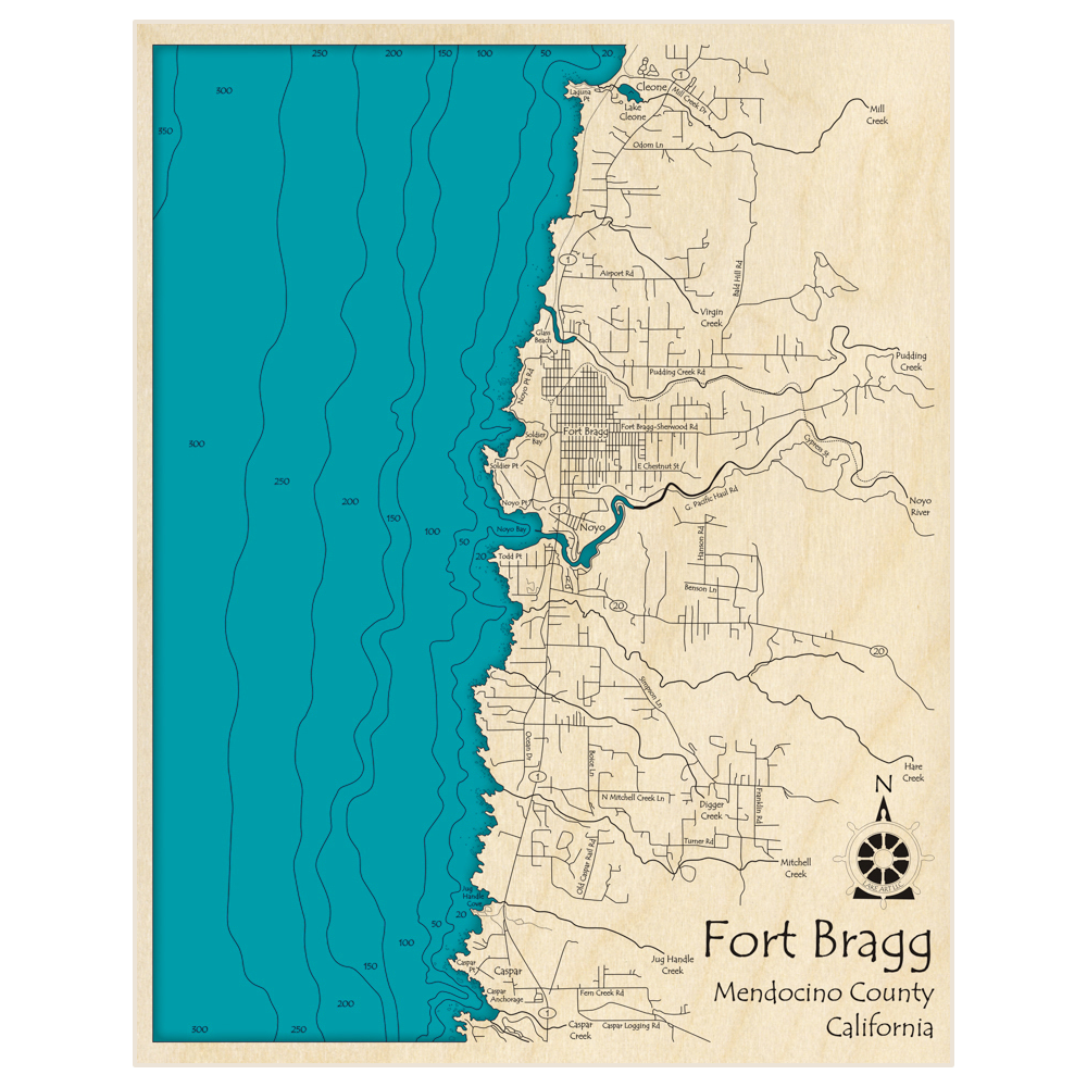 Bathymetric topo map of Fort Bragg with roads, towns and depths noted in blue water