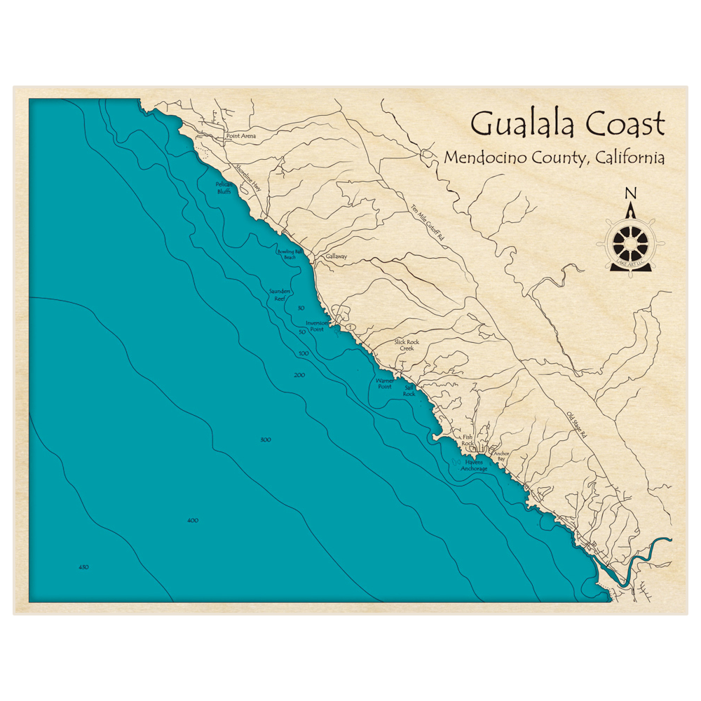 Bathymetric topo map of Gualala Coast (Point Arena to Gualala) with roads, towns and depths noted in blue water
