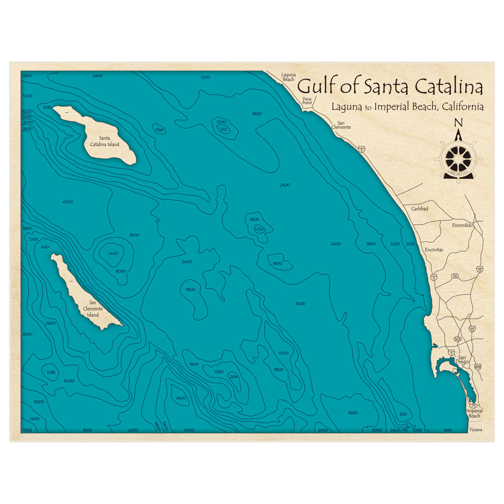 Bathymetric topo map of Gulf of Santa Catalina (Laguna to Imperial Beach) with roads, towns and depths noted in blue water