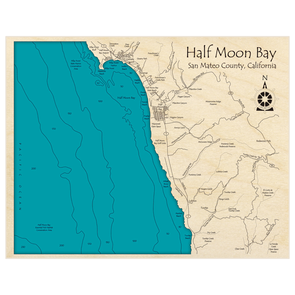 Bathymetric topo map of Half Moon Bay (extends to Tunitas Beach) with roads, towns and depths noted in blue water