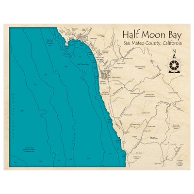 Bathymetric topo map of Half Moon Bay (extends to Tunitas Beach) with roads, towns and depths noted in blue water