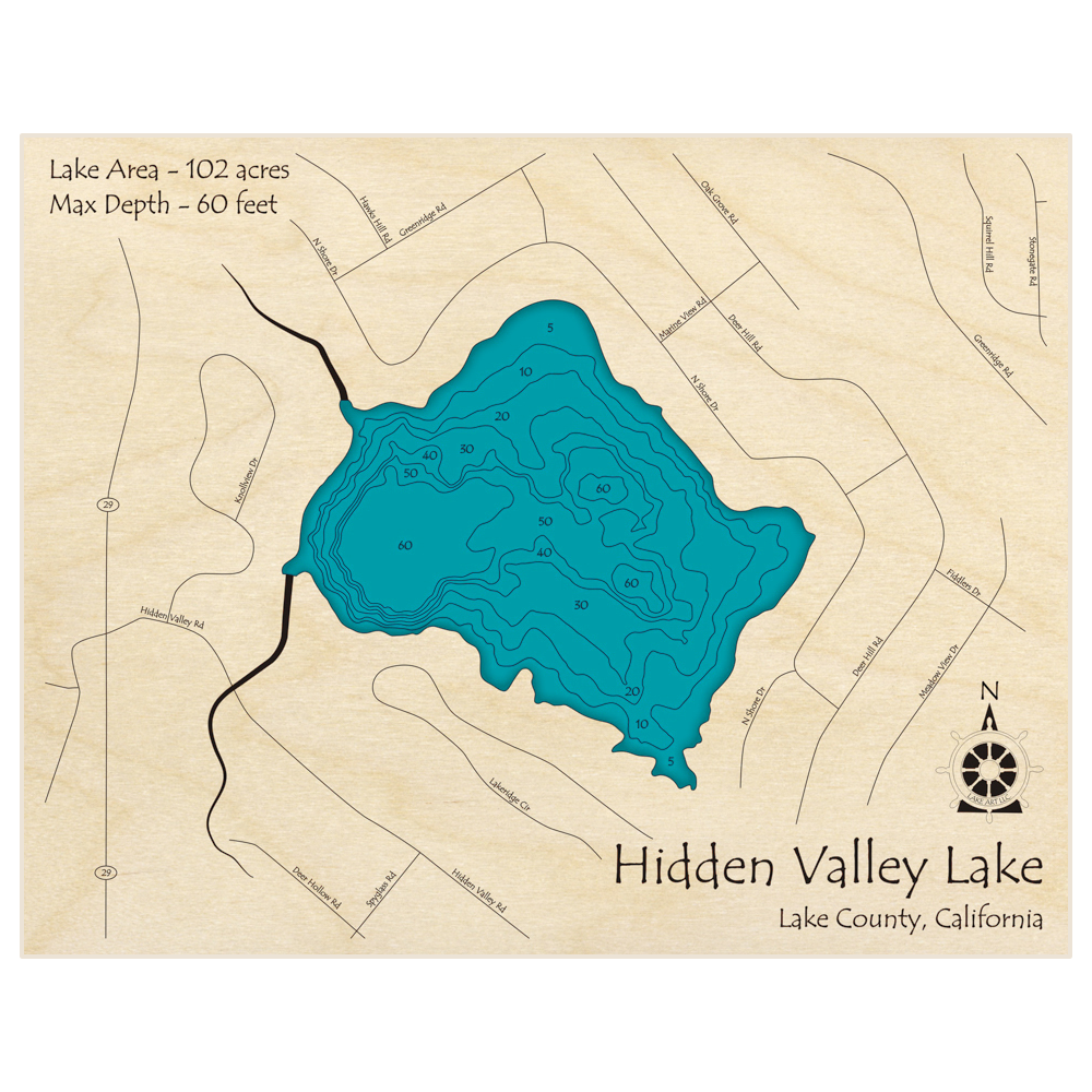 Bathymetric topo map of Hidden Valley with roads, towns and depths noted in blue water