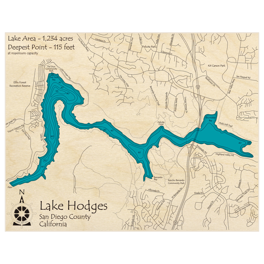 Bathymetric topo map of Lake Hodges with roads, towns and depths noted in blue water