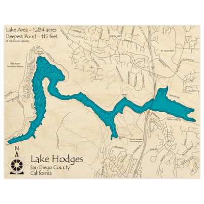 Bathymetric topo map of Lake Hodges with roads, towns and depths noted in blue water