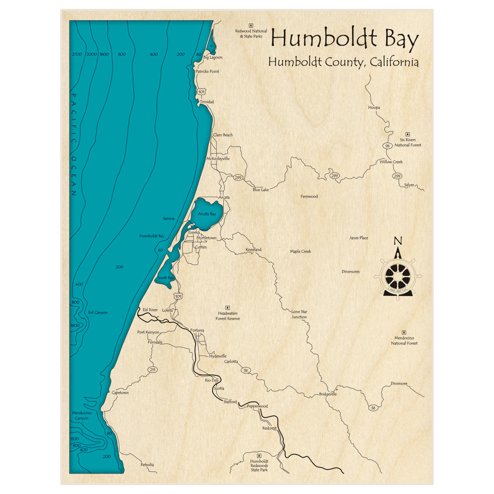 Bathymetric topo map of Humboldt Bay (Patricks Point to Mendocino Canyon) with roads, towns and depths noted in blue water