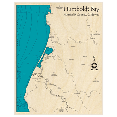 Bathymetric topo map of Humboldt Bay (Patricks Point to Mendocino Canyon) with roads, towns and depths noted in blue water