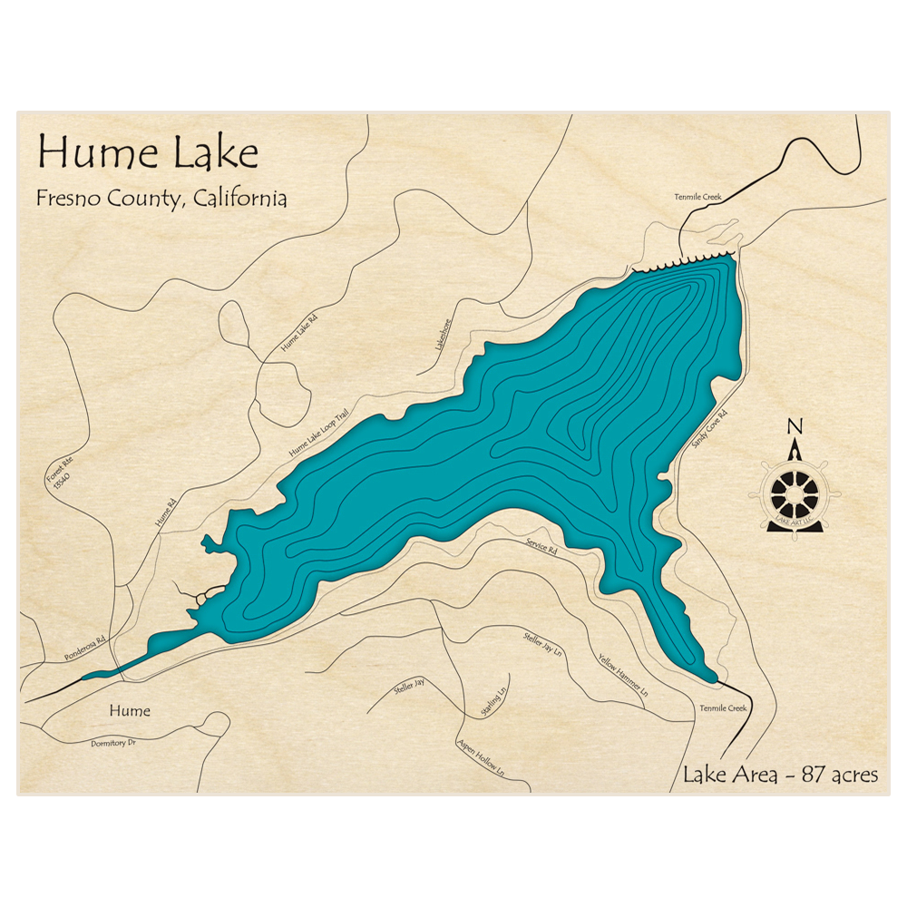 Bathymetric topo map of Hume Lake  with roads, towns and depths noted in blue water