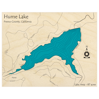 Bathymetric topo map of Hume Lake  with roads, towns and depths noted in blue water