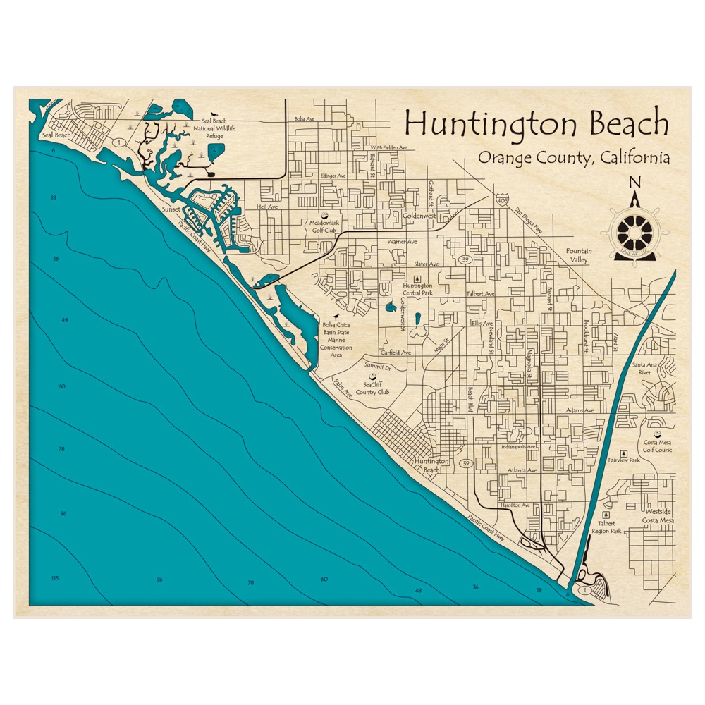 Bathymetric topo map of Huntington Beach with roads, towns and depths noted in blue water