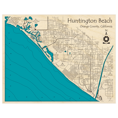Bathymetric topo map of Huntington Beach with roads, towns and depths noted in blue water