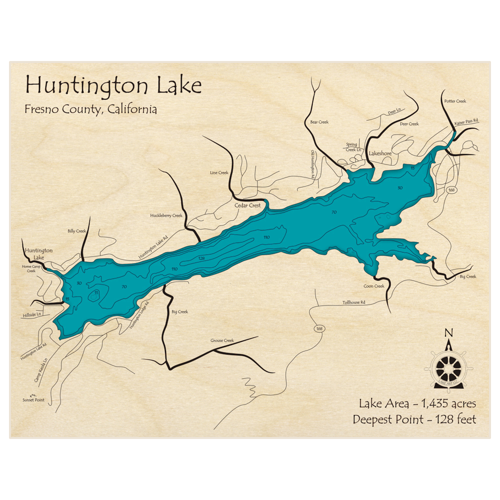 Bathymetric topo map of Huntington Lake with roads, towns and depths noted in blue water