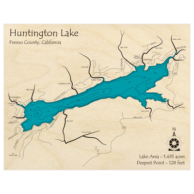 Bathymetric topo map of Huntington Lake with roads, towns and depths noted in blue water