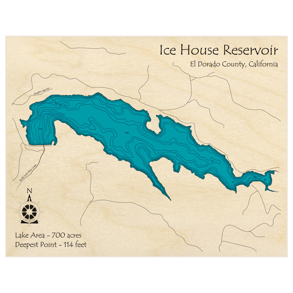 Bathymetric topo map of Ice House Reservoir with roads, towns and depths noted in blue water