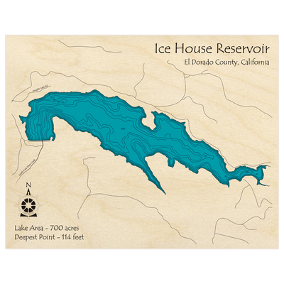 Bathymetric topo map of Ice House Reservoir with roads, towns and depths noted in blue water