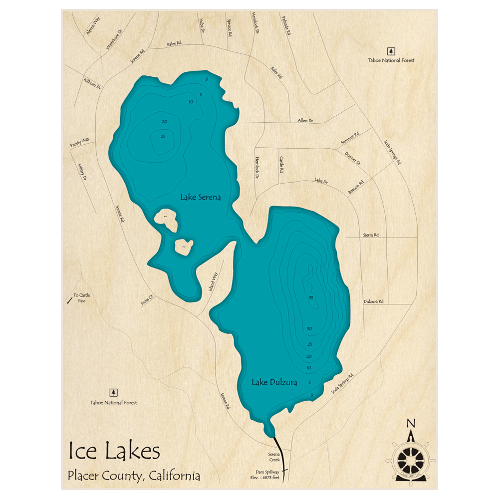 Bathymetric topo map of Ice Lakes (Lakes Serena and Dulzura) with roads, towns and depths noted in blue water