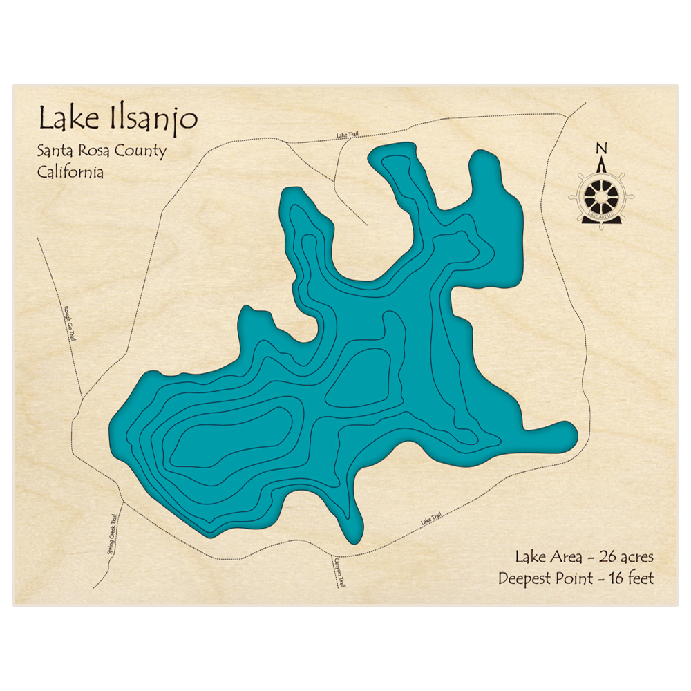 Bathymetric topo map of Lake Islanjo with roads, towns and depths noted in blue water
