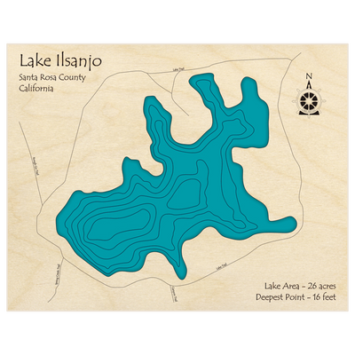 Bathymetric topo map of Lake Islanjo with roads, towns and depths noted in blue water