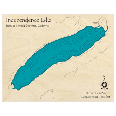 Bathymetric topo map of Independence Lake  with roads, towns and depths noted in blue water