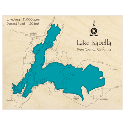 Bathymetric topo map of Lake Isabella with roads, towns and depths noted in blue water
