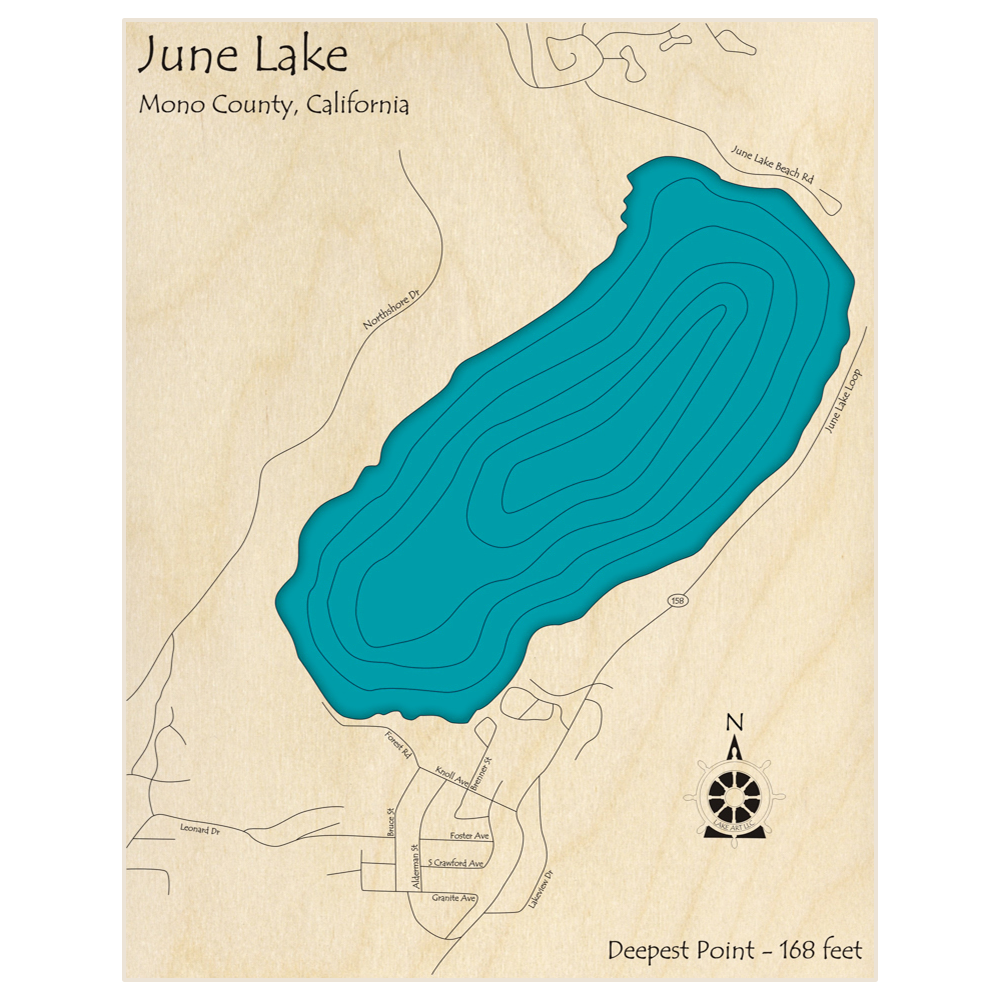 Bathymetric topo map of June Lake  with roads, towns and depths noted in blue water