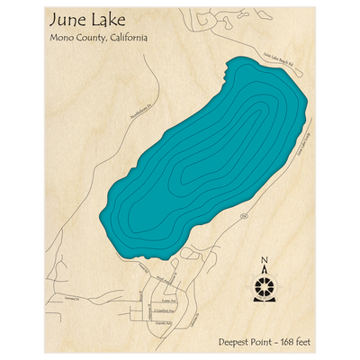 Bathymetric topo map of June Lake  with roads, towns and depths noted in blue water