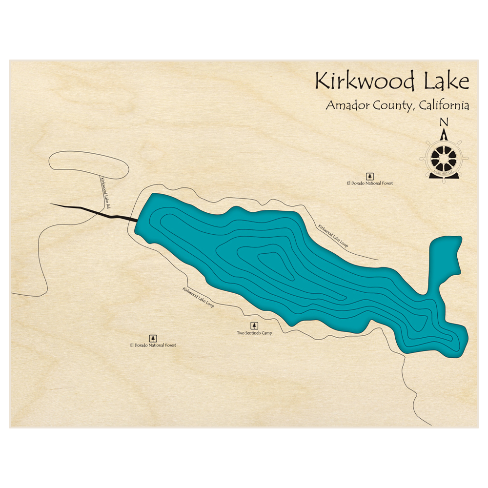Bathymetric topo map of Kirkwood Lake  with roads, towns and depths noted in blue water
