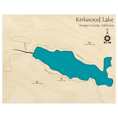 Bathymetric topo map of Kirkwood Lake  with roads, towns and depths noted in blue water