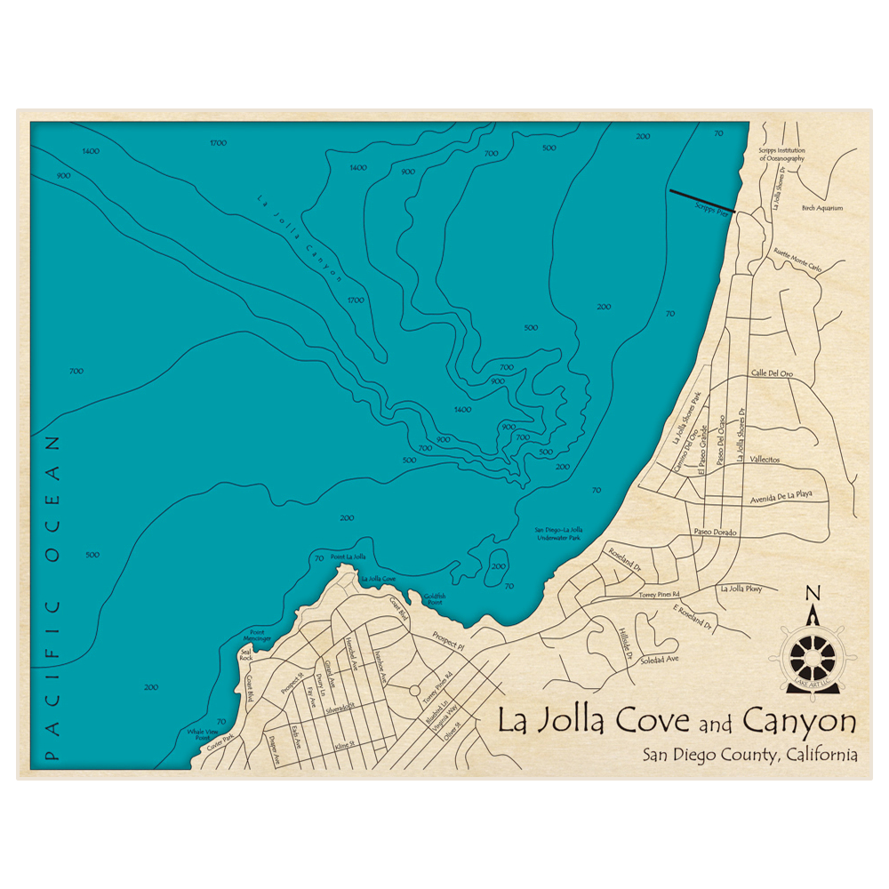 Bathymetric topo map of La Jolla Cove and Canyon with roads, towns and depths noted in blue water