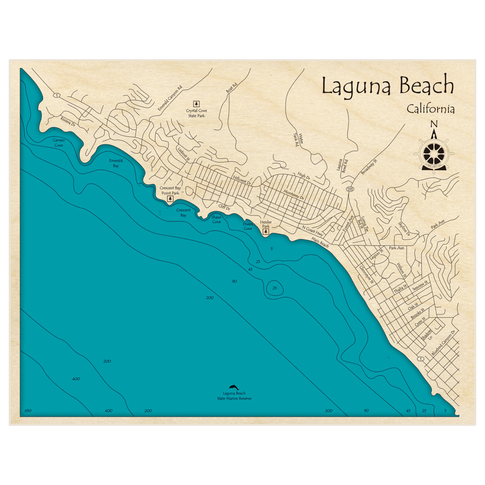 Bathymetric topo map of Laguna Beach with roads, towns and depths noted in blue water