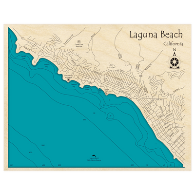 Bathymetric topo map of Laguna Beach with roads, towns and depths noted in blue water