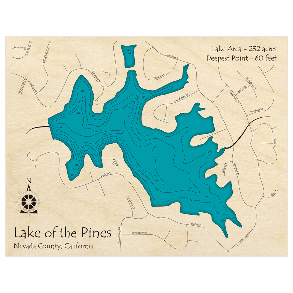Bathymetric topo map of Lake of the Pines with roads, towns and depths noted in blue water