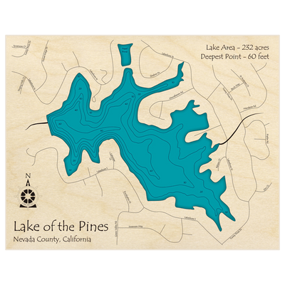 Bathymetric topo map of Lake of the Pines with roads, towns and depths noted in blue water