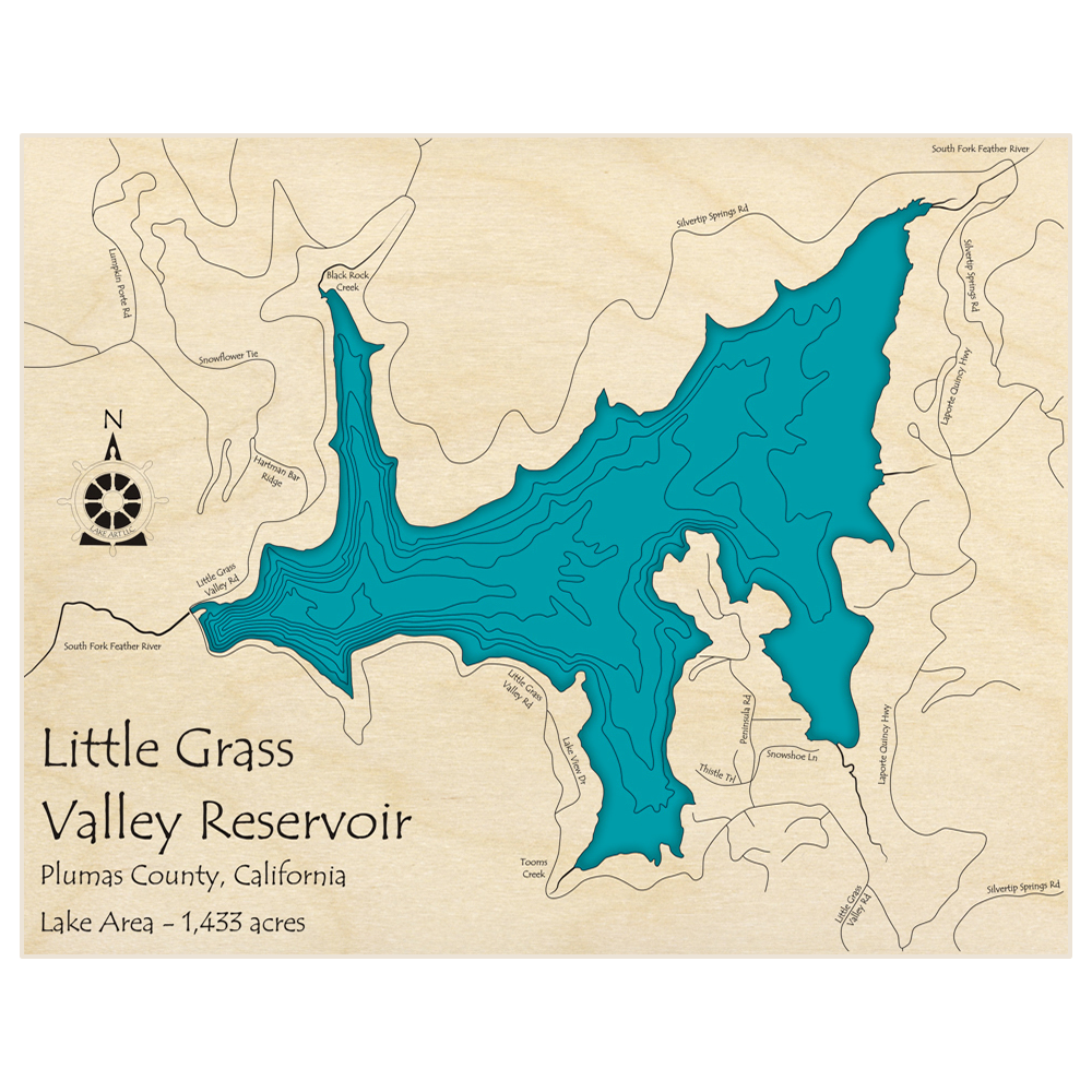 Bathymetric topo map of Little Grass Valley Lake  with roads, towns and depths noted in blue water