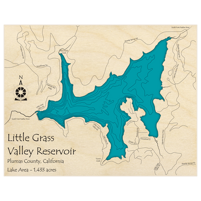Bathymetric topo map of Little Grass Valley Lake  with roads, towns and depths noted in blue water