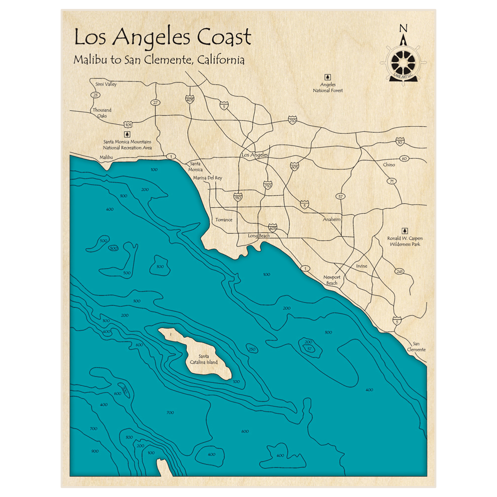 Bathymetric topo map of Los Angeles Coast (San Clemente to Malibu) with roads, towns and depths noted in blue water