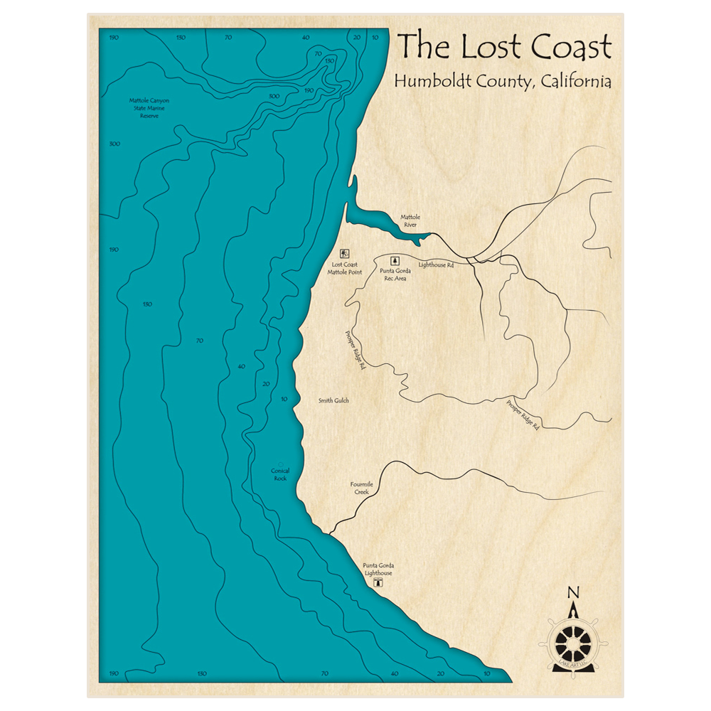 Bathymetric topo map of The Lost Coast with roads, towns and depths noted in blue water