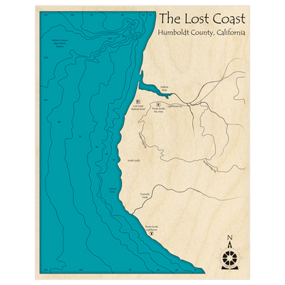 Bathymetric topo map of The Lost Coast with roads, towns and depths noted in blue water
