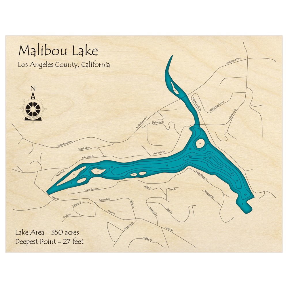 Bathymetric topo map of Malibou Lake with roads, towns and depths noted in blue water