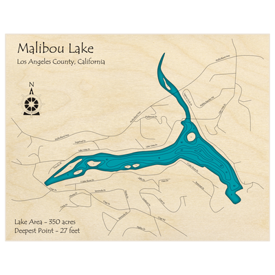 Bathymetric topo map of Malibou Lake with roads, towns and depths noted in blue water