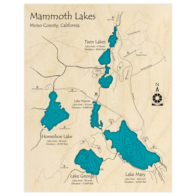 Bathymetric topo map of Mammoth Lakes with roads, towns and depths noted in blue water