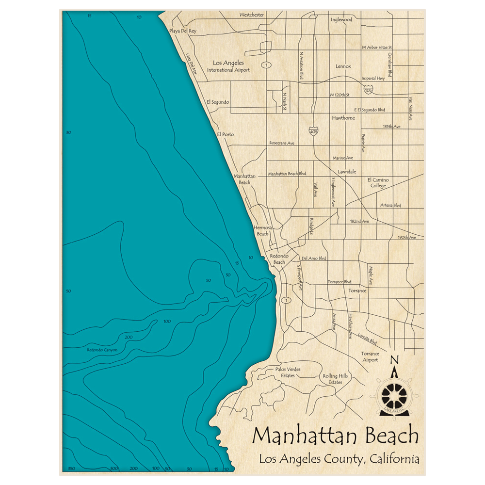 Bathymetric topo map of Manhattan Beach with roads, towns and depths noted in blue water