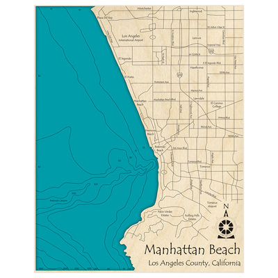 Bathymetric topo map of Manhattan Beach with roads, towns and depths noted in blue water