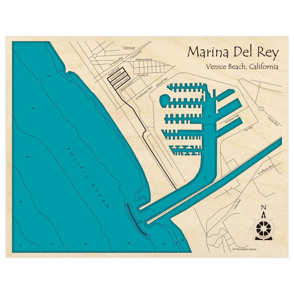 Bathymetric topo map of Marina Del Rey with roads, towns and depths noted in blue water