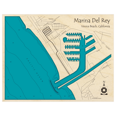 Bathymetric topo map of Marina Del Rey with roads, towns and depths noted in blue water