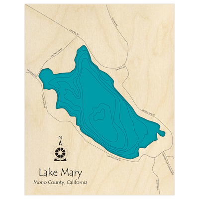 Bathymetric topo map of Lake Mary  with roads, towns and depths noted in blue water